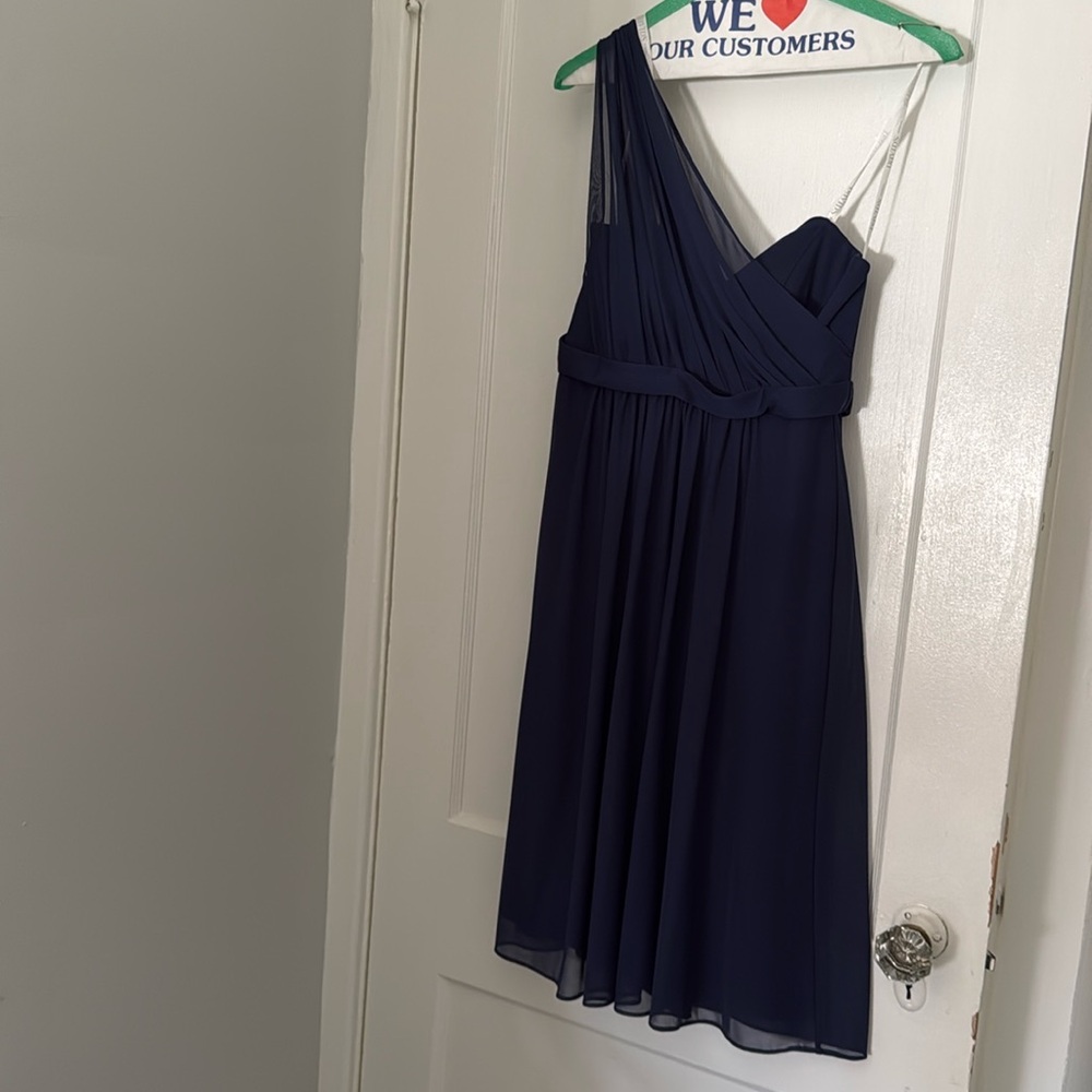 Navy David’s Bridal short bridesmaid dress